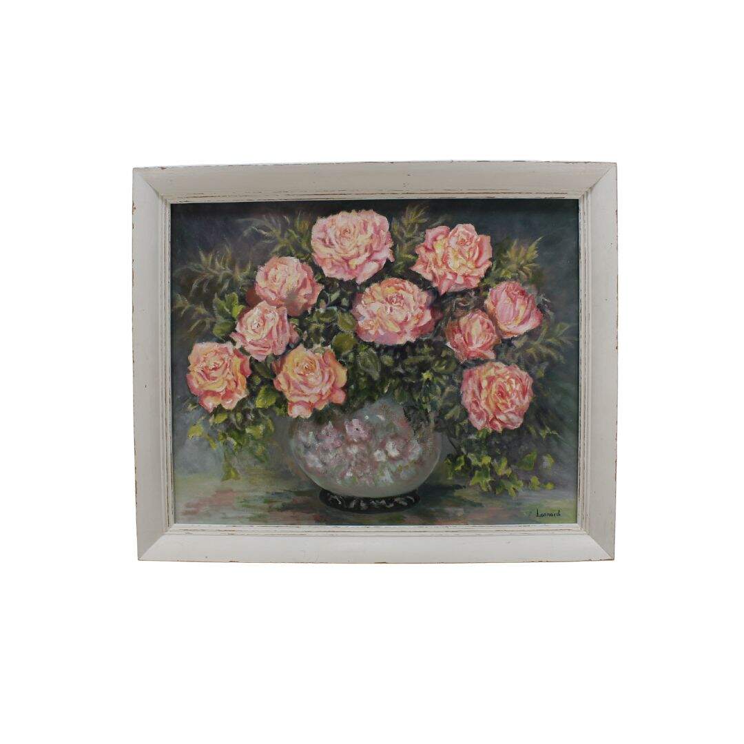 Vintage oil painting of pink roses