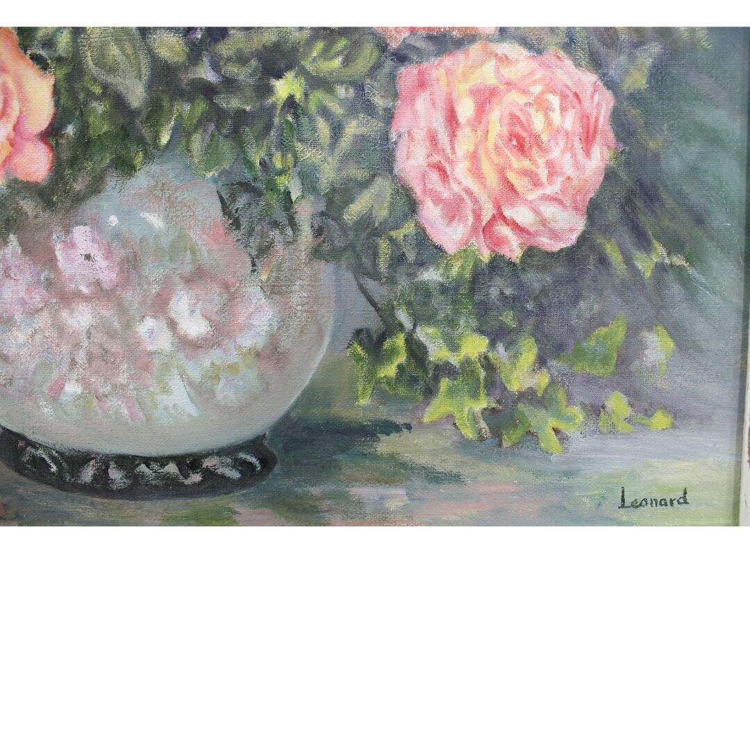 Vintage oil painting of pink roses