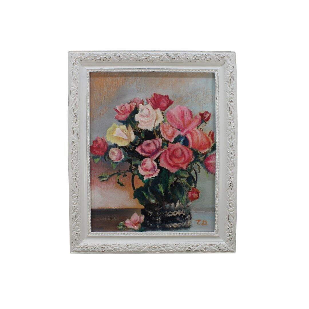 vintage pink and yellow roses oil painting