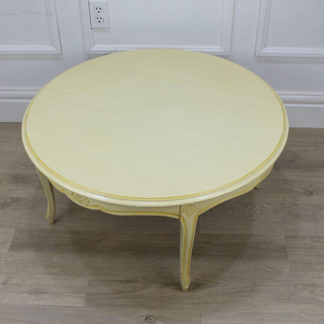 small round french provincial coffee table, unpainted