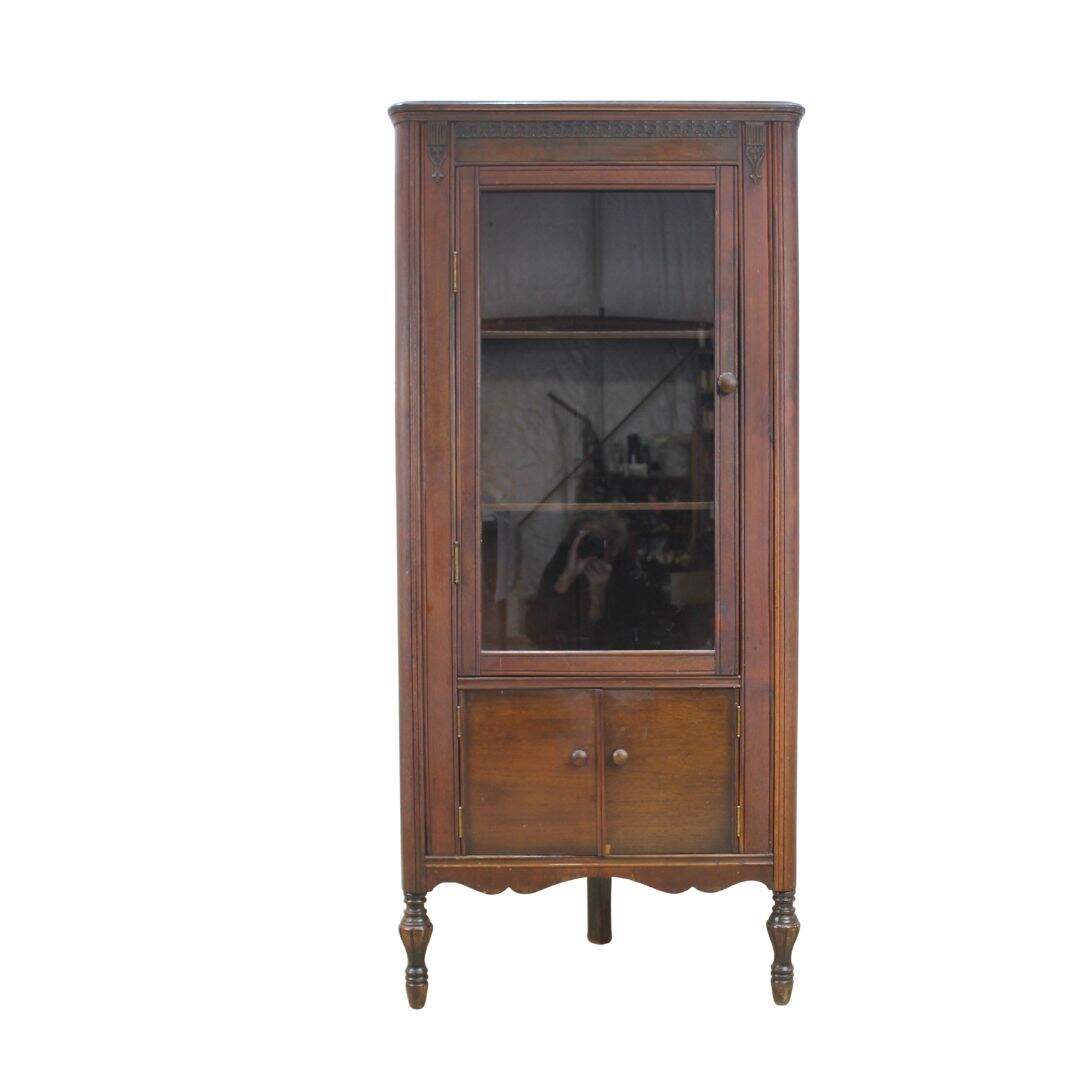 small antique glass front corner cabinet, unpainted