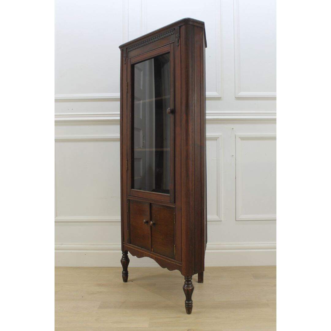 small antique glass front corner cabinet, unpainted