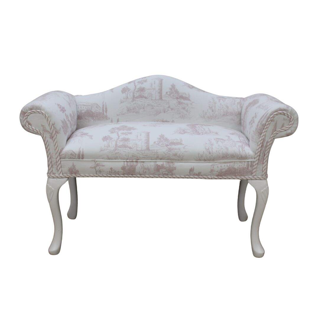 Petite settee with pink and white toile
