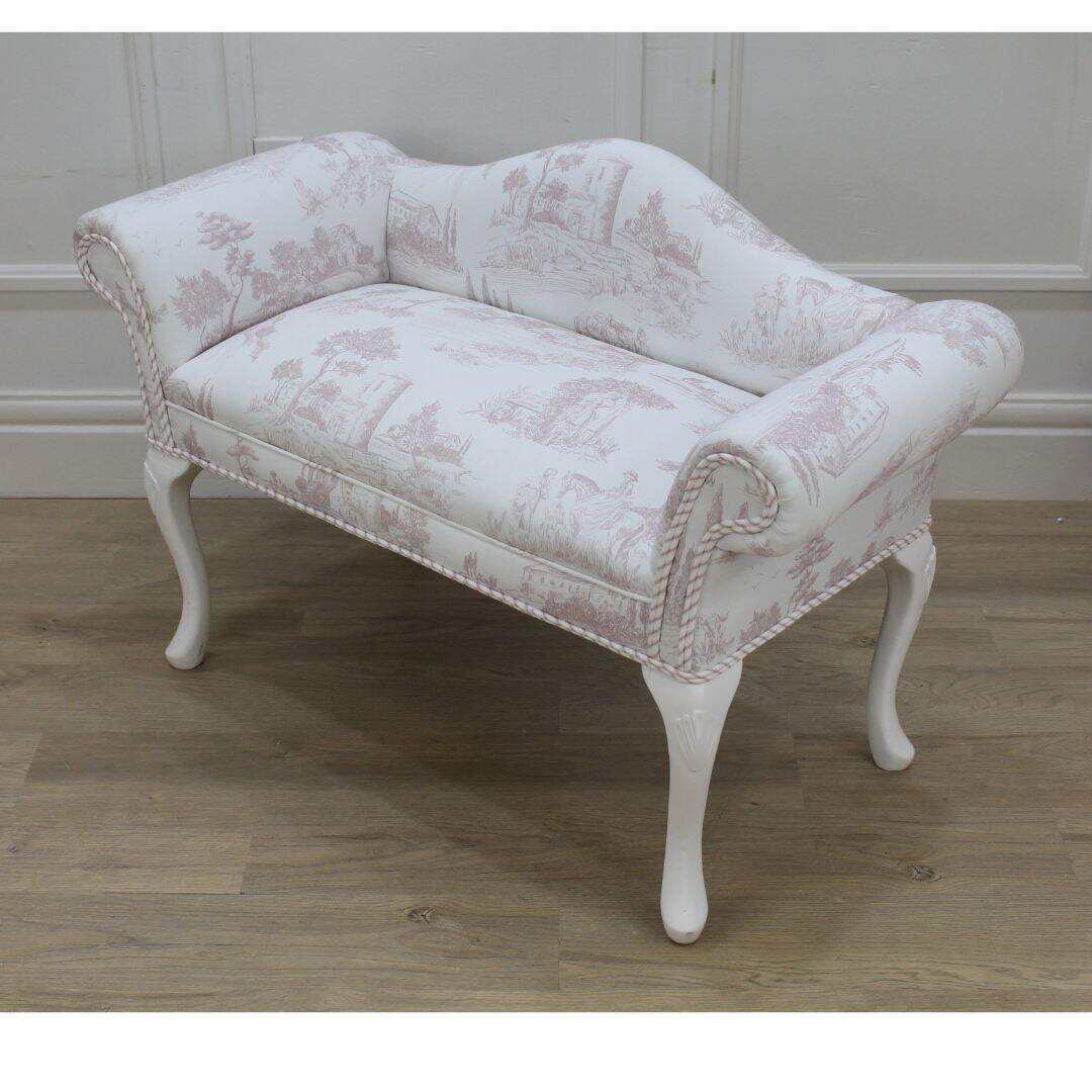 Petite settee with pink and white toile