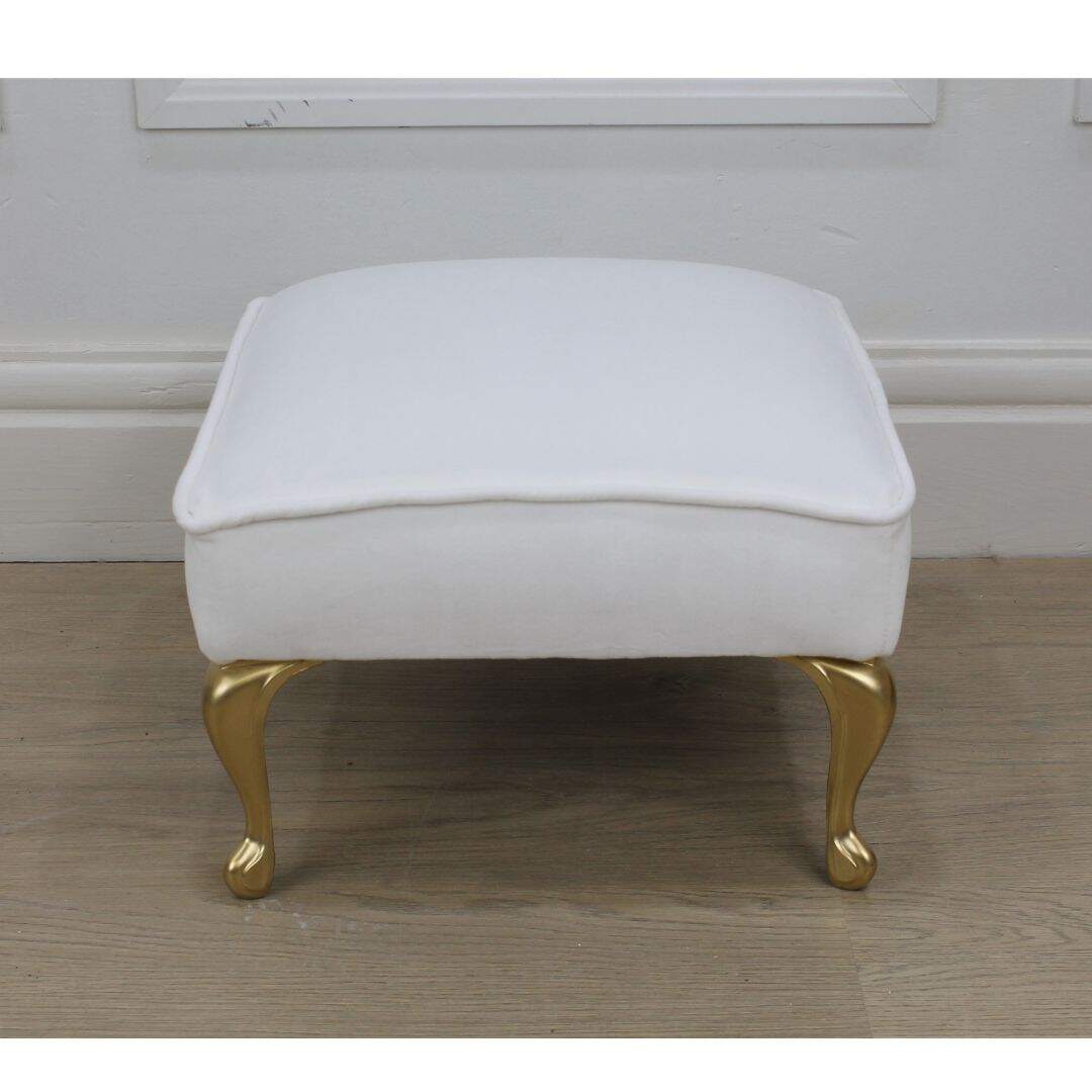 small square footstool with white velvet and gold legs