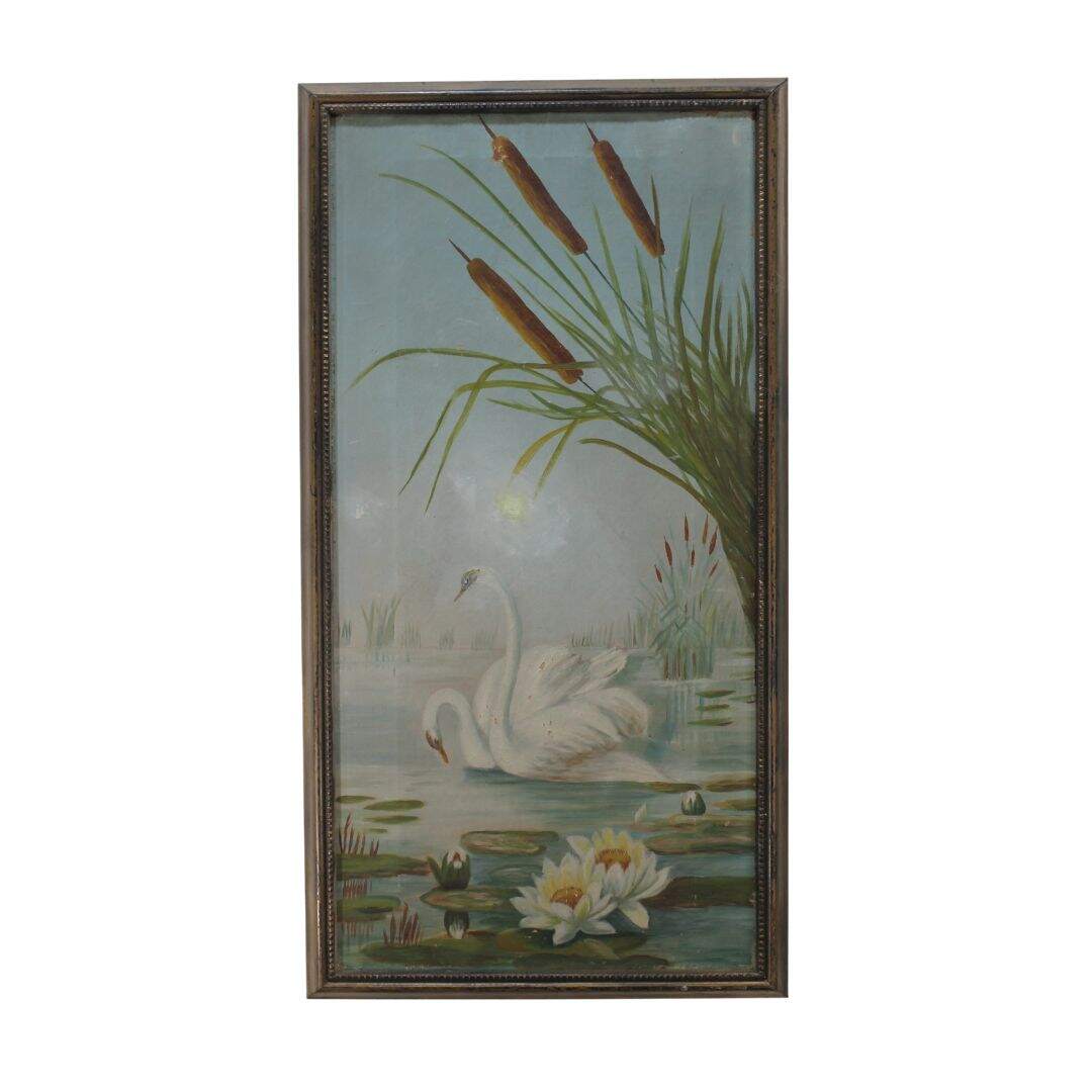 Antique oil painting of swans