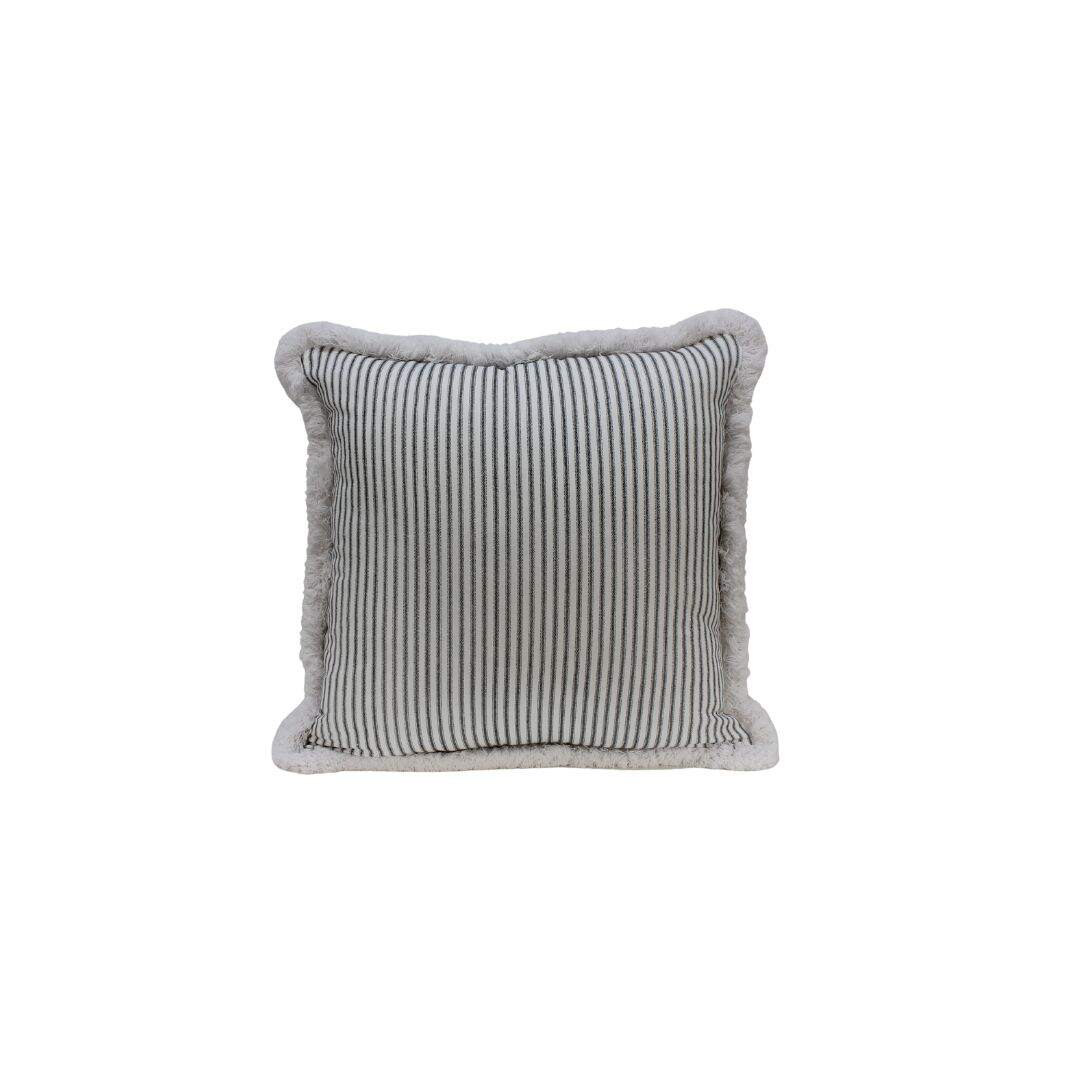 Throw pillow with black and white ticking stripe