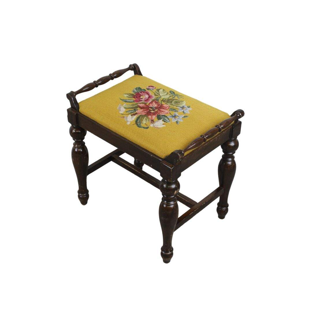 Turned leg stool with needlepoint seat