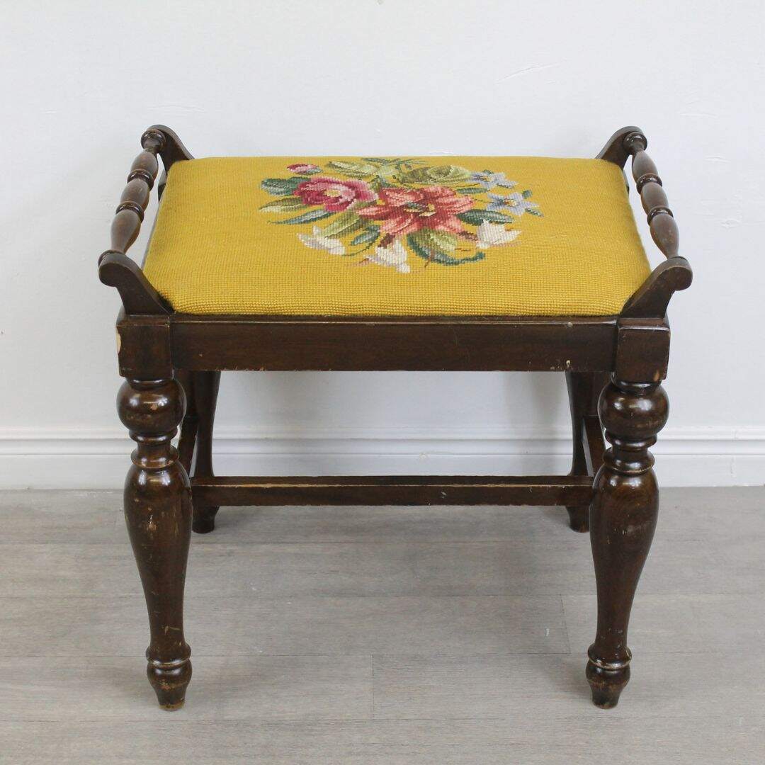 Turned leg stool with needlepoint seat