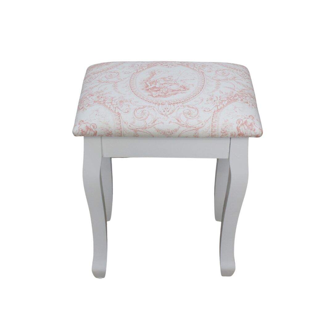 vanity stool with pink and white toile