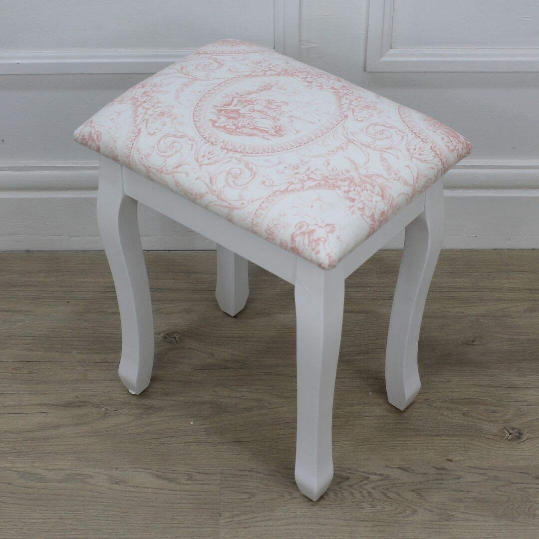 vanity stool with pink and white toile