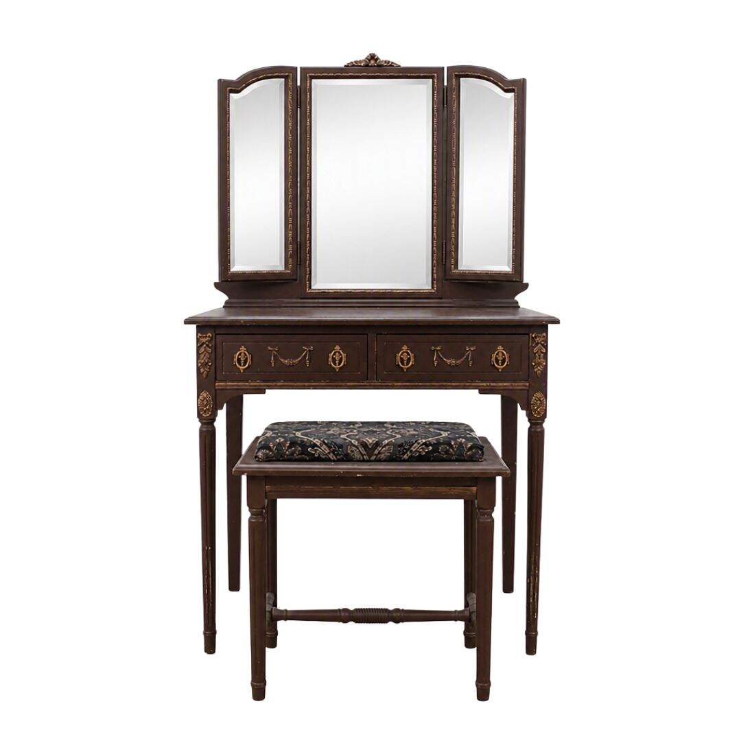 vanity with 3 part mirror and stool
