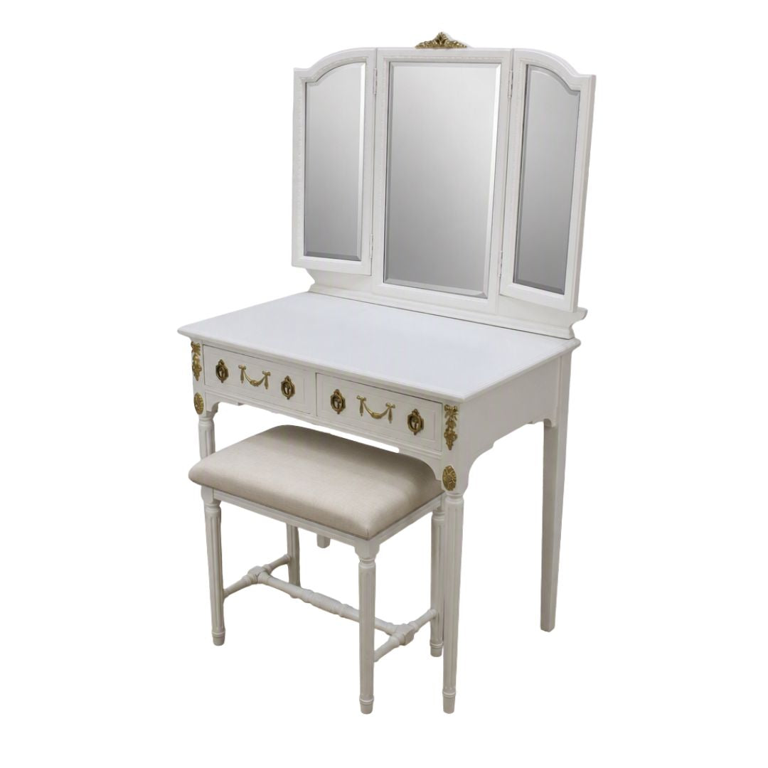 vanity with 3 part mirror and stool