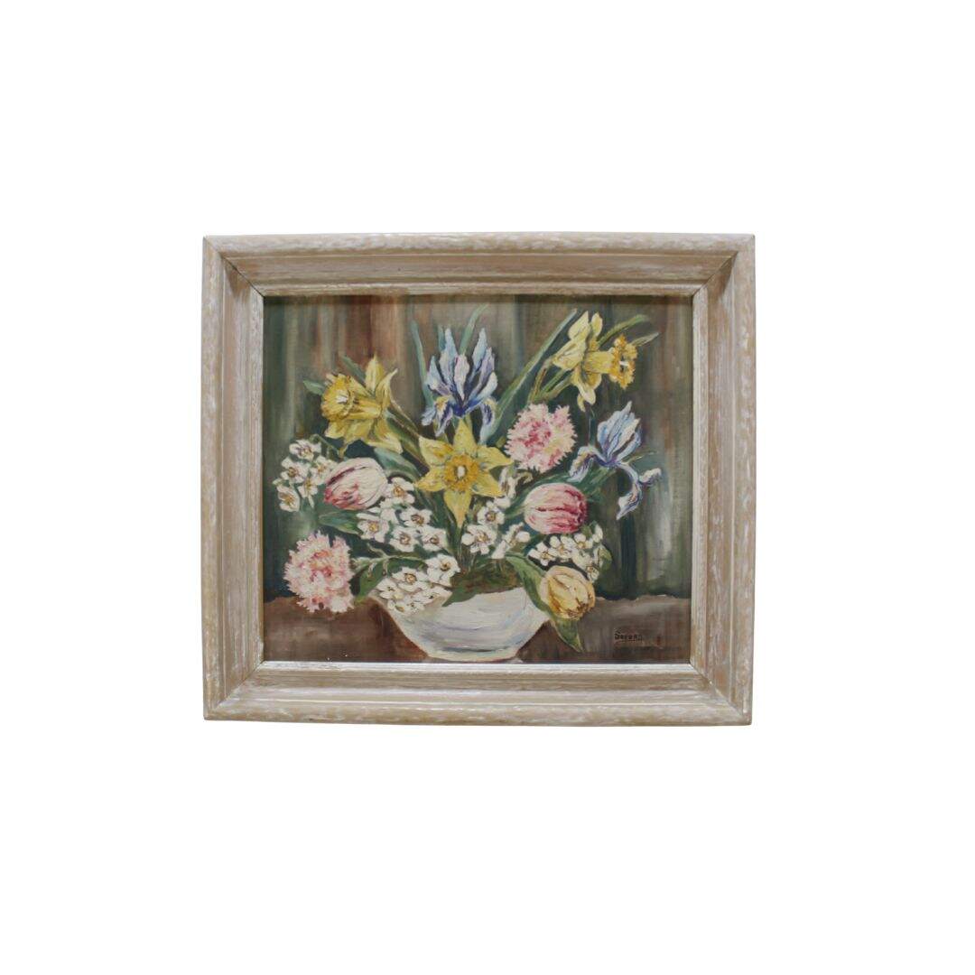 vintage oil painting of daffodils and tulips