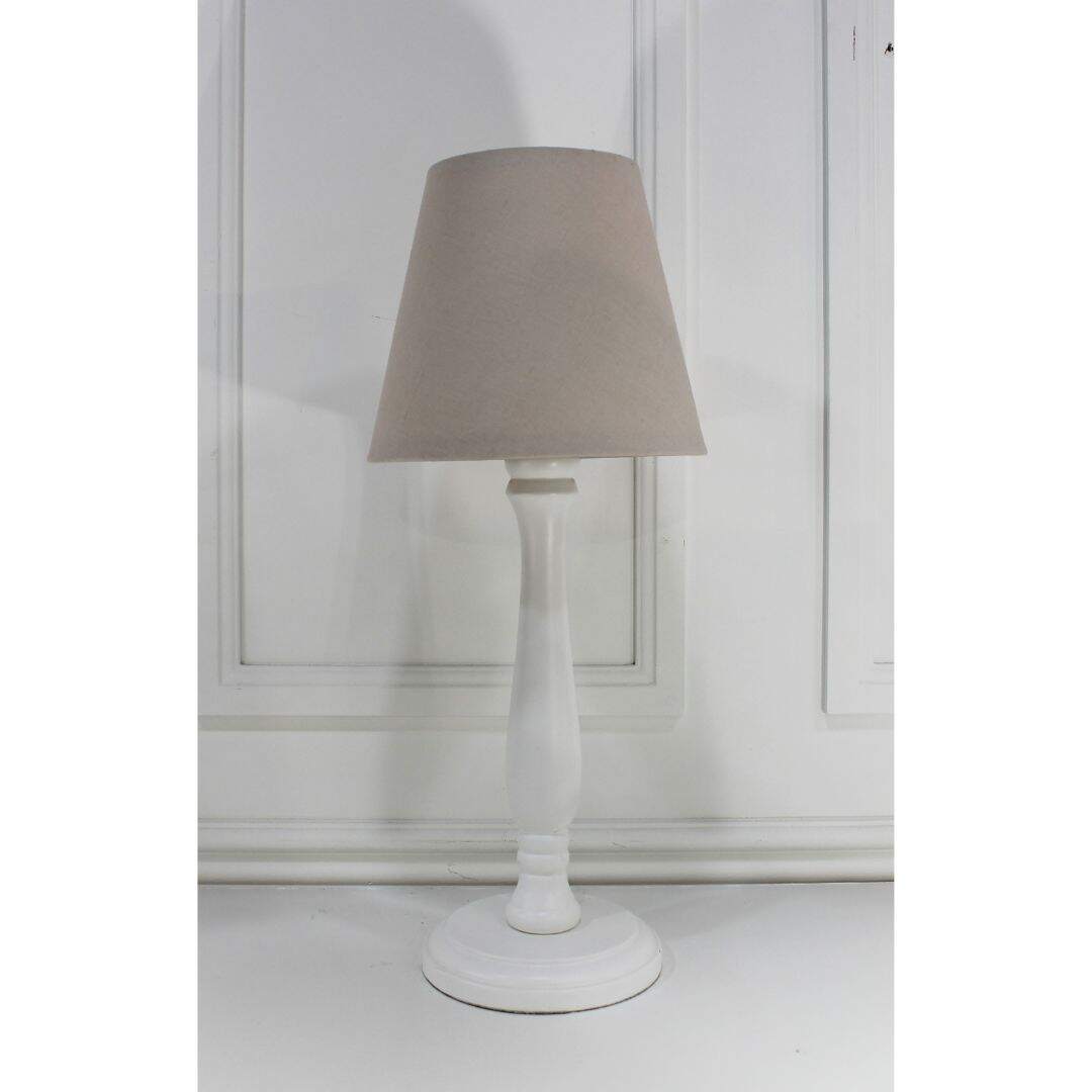 White wooden table lamp with beige shade