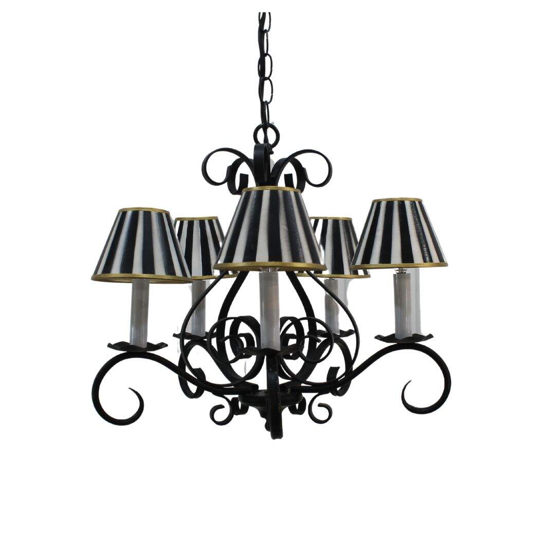 Black wrought iron chandelier with striped shades