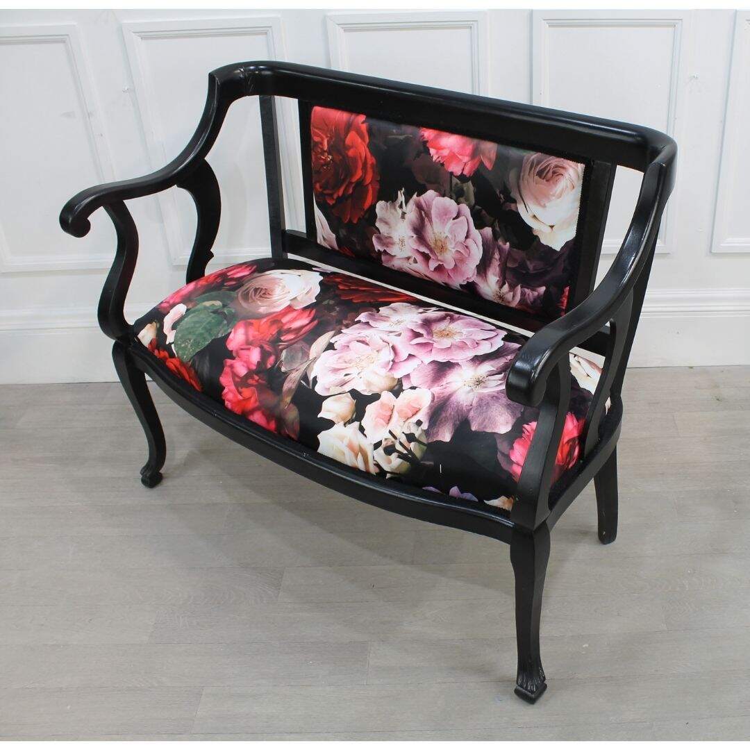 antique settee with floral satin