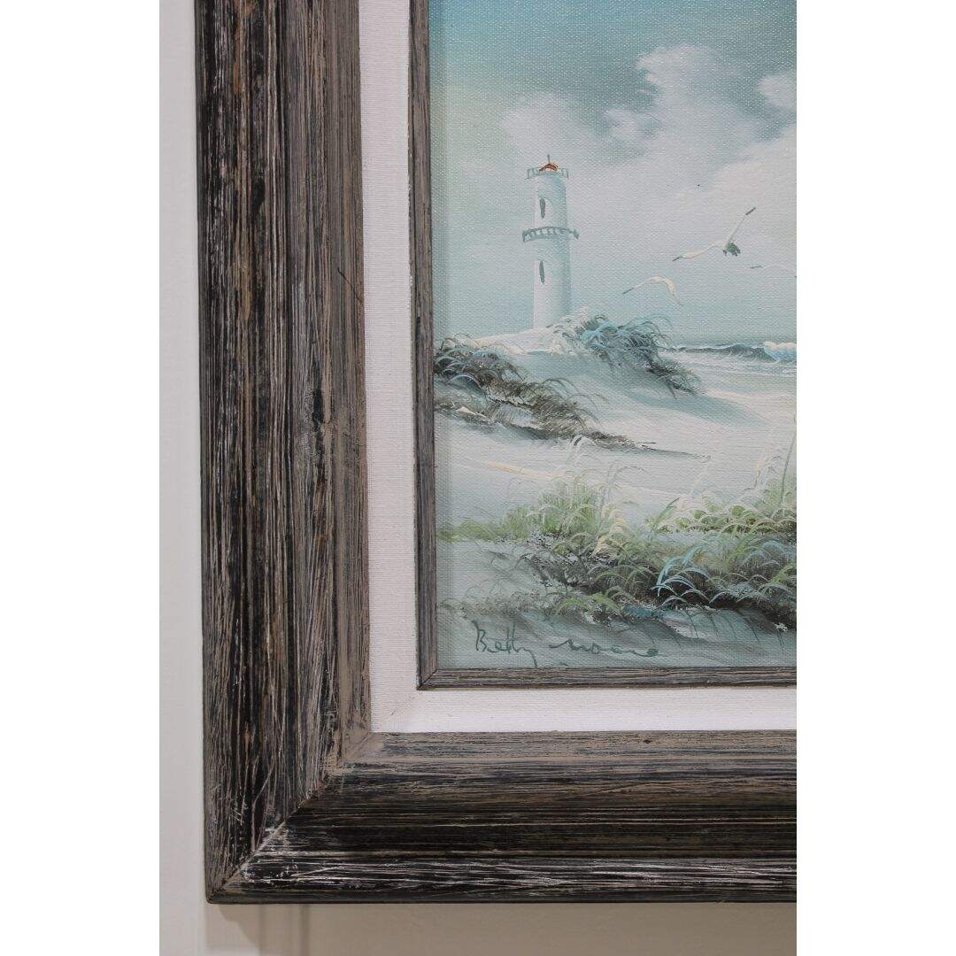 Vintage oil painting of a beach scene with a grey frame