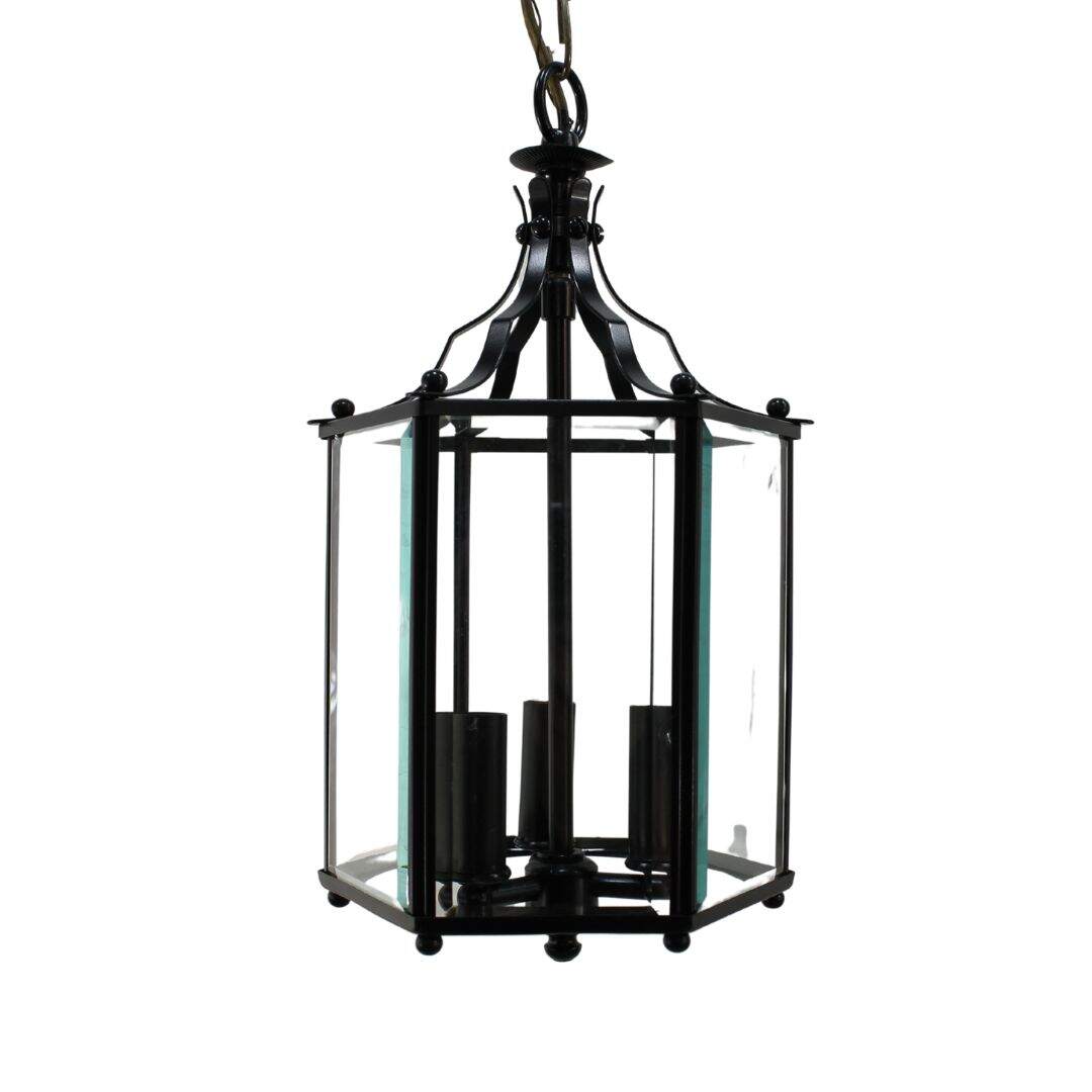 Black lantern with beveled glass panels